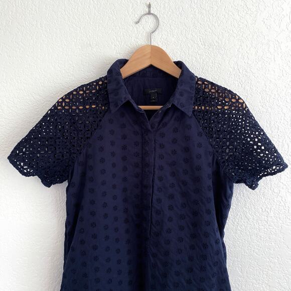 J. Crew Navy Eyelet Shirt Dress Short Sleeve Collar Button Placket Size 4 Preppy - Picture 1 of 9